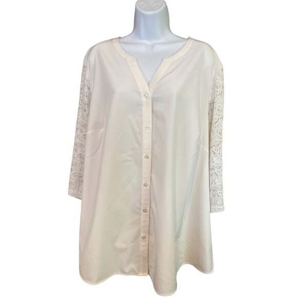 Denim & Co Blouse Tunic Top 2X White Lace Sleeve Button Front Boho Romantic Chic - Picture 1 of 8